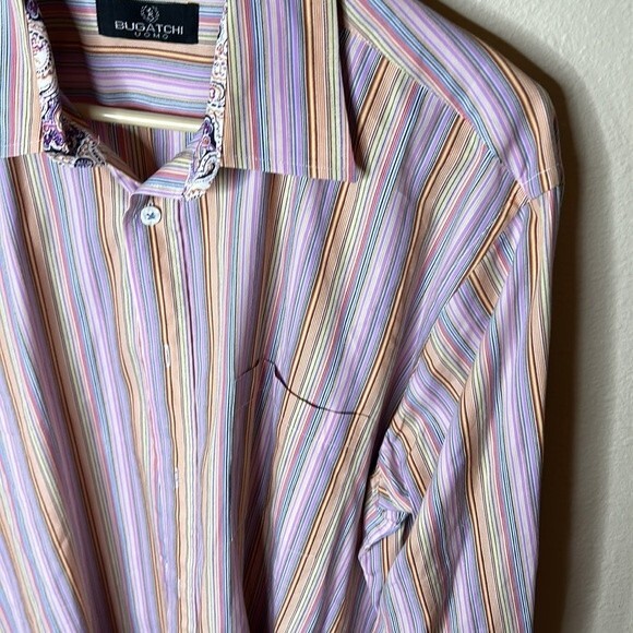 Bugatchi Uomo Striped Pink Multi Color Size XL Shirt - Picture 6 of 11